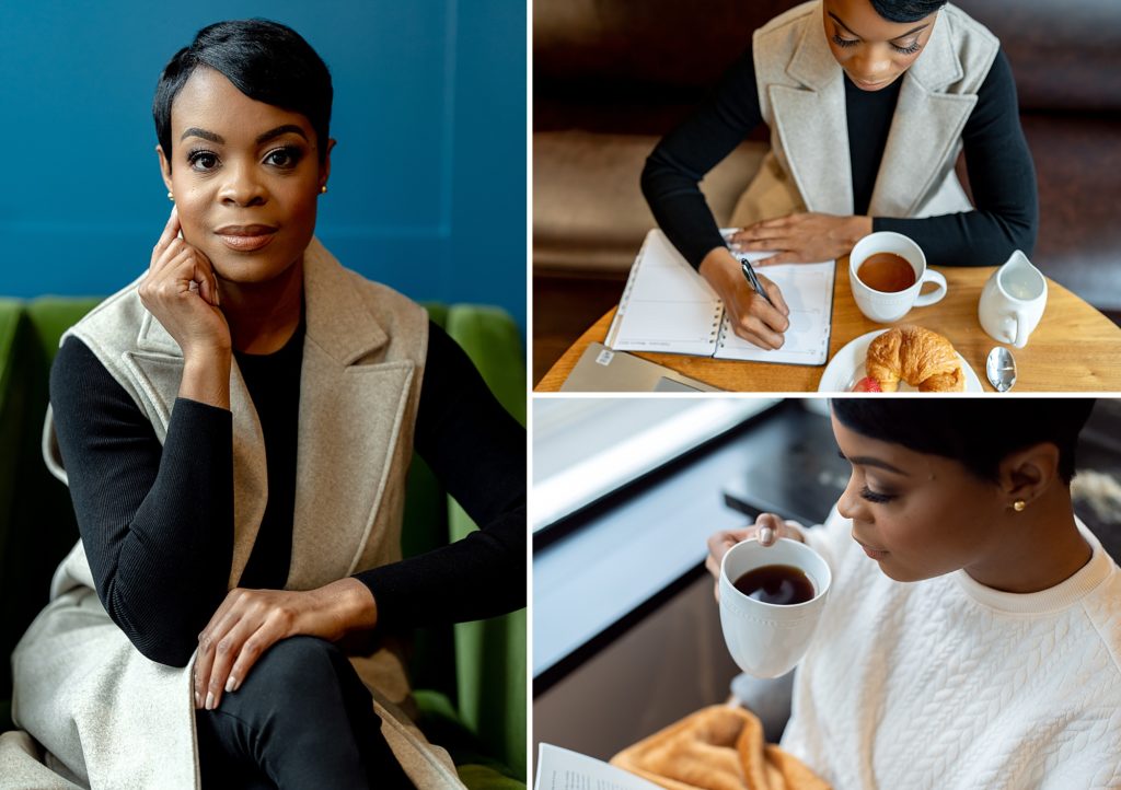 black woman drinking coffee dallas headshot photographer
